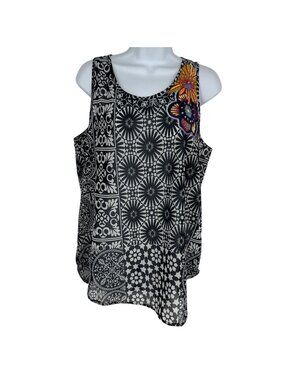 Desigual Women's Sleeveless Floral Embroidery Gold Zipper Top Size XL